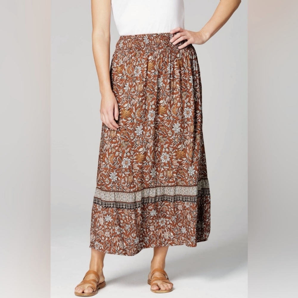 J. Jill Indian Print Smocked Waist Rust Boho Print Maxi Skirt Women's M Exc Cond